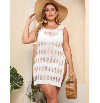 Plus Size Hollow Sleeveless Round Neck Slit Solid Color Beach Outdoor Cover-up NSOY132225