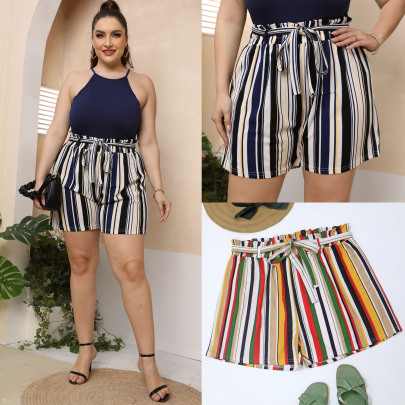 Plus Size Stitching High Waist Lace-up Striped Shorts NSOY132229