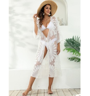 Loose Long Sleeve Lace-up Solid Color Perspective Beach Outdoor Cover-up NSOY132230