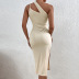 slim slanted shoulder sleeveless low-cut slit solid color dress NSLIH132336