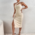 slim slanted shoulder sleeveless low-cut slit solid color dress NSLIH132336