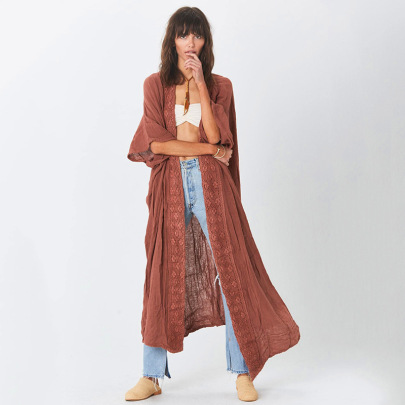 Loose Long Sleeve Long Embroidery Solid Color Beach Outdoor Cover-up NSMUX132345