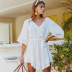 short sleeve lace-up loose solid color beach outdoor cover-up NSMUX132349