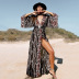 print long loose v neck long sleeve beach outdoor cover-up NSMUX132351