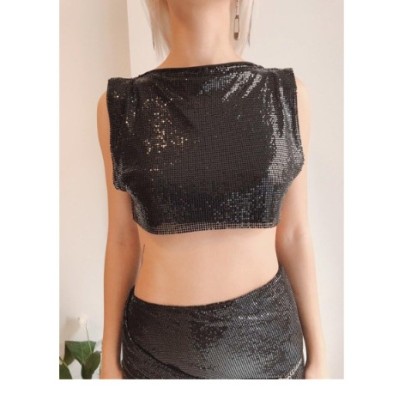 Metal Sequins Sleeveless Backless Slim Solid Color Vest And Skirt Set NSXYA132160