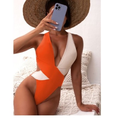 Cross Sling V Neck Backless Color Matching One-piece Swimsuit NSCSM132326