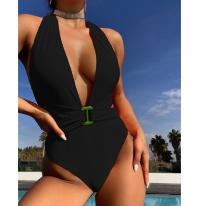 Deep V Hanging Neck Backless Solid Color One-piece Swimsuit NSCSM132320