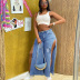 hole slit high waist casual solid color jeans NSWL132469