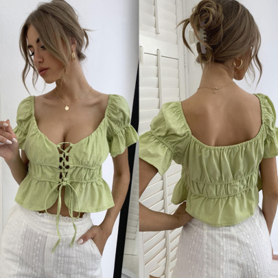Low-cut Short Sleeve Lace-up Slim Solid Color Top NSJKW132496