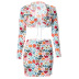 flower print lapel lace-up long-sleeved low-waist top and skirt suits NSSWF132502