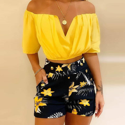 Printed One-word Shoulder Short-sleeved High-waisted V Neck Top And Shorts Suit NSFH132654