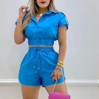 Short Sleeve Lapel High Waist Solid Color Shirt And Shorts Suit NSFH132623