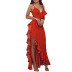 solid color ruffled slit slip dress NSLZ129567