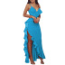 solid color ruffled slit slip dress NSLZ129567
