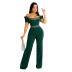 print solid color one-word shoulder puff sleeve wide-leg jumpsuit NSHOM129604