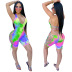 hanging neck backless lace-up hollow low-cut tight Tie Dye Jumpsuit-Multicolor NSHOM129606