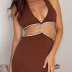 halter neck sleeveless deep v backless slim kinked solid color dress NSMG129620