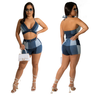 Hanging Neck Backless Wrap Chest High Waist Plaid Vest And Shorts Set NSYMS129645