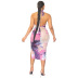 print hanging neck backless drawstring wrap chest slit dress NSYMS129660
