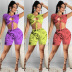 printed wrap chest hollow top high waist shorts two-piece set NSYMS129666