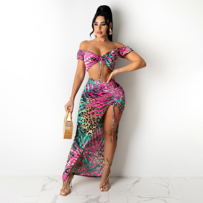 Strappy Printed Top Drawstring Slit Skirt Two-piece Set NSYMS129668