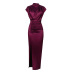 high waist short sleeve slit tight long solid color dress NSKNE129683