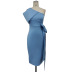 single-shoulder bow high waist slim solid color dress NSKNE129685