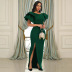 Ruffle sleeve High Waist Slim Slit solid color prom Dress NSKNE129689