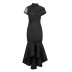 stitching Round neck short sleeve high waist ruffle fishtail solid color lace prom dress NSKNE129690