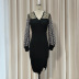 V-neck long-sleeved high-waisted slim polka dot see-through dress NSKNE129696
