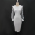 Round neck stitching high waist long sleeves slim solid color perspective dress NSKNE129704