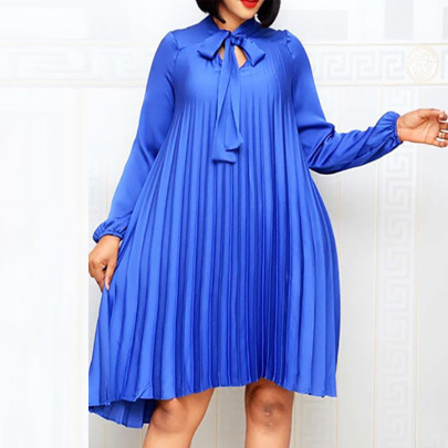 Plus Size Pleated Solid Color Long Sleeves Loose Lace-up Dress NSKNE129714