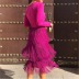 V-neck long-sleeved stitching tassel high waist slim solid color prom dress NSKNE129717