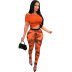 print short sleeve one-word shoulder high waist top and trousers set NSSME129727
