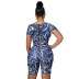 perspective printing hollow lace-up short sleeve tight jumpsuit NSSME129728