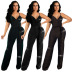 V-neck suspender lace-up wide-leg bright silk jumpsuit NSSME129747