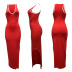 low-cut sleeveless tight slit long color matching dress NSSME129749