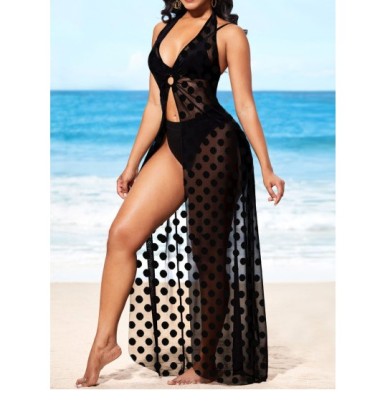 Hanging Neck Backless Low-cut Polka Dot Perspective Beach Outdoor Cover-up Dress NSSME129295