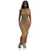 slanted shoulder slit sleeveless tight long solid color dress NSSME129753