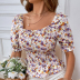 square neck puff sleeve slim floral chiffon top NSYID130172