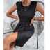 round neck sleeveless high waist slit solid color vest and skirt Suit NSYID130167