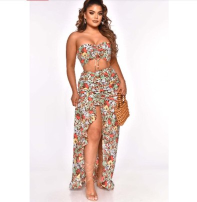 Wrap Chest High Waist Lace-up Drawstring Floral Vest And Skirt Two-piece Set NSSME129741