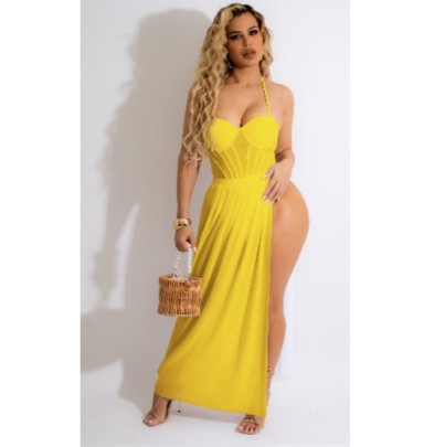 Hanging Neck Backless Solid Color Chiffon One-piece Swimsuit And Skirt Set NSSME129726