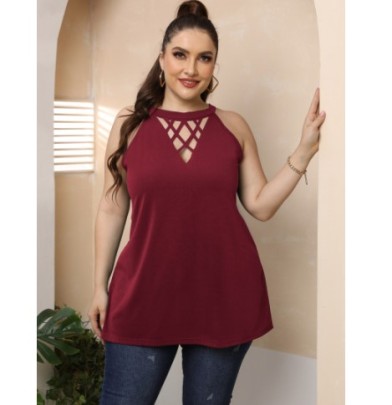 Plus Size Round Neck Sleeveless Hollow Solid Color Vest NSOY132441