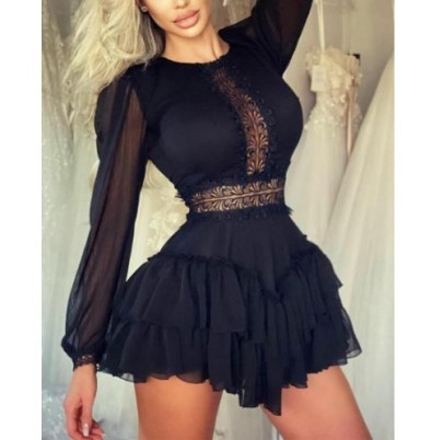 Long Sleeve Round Neck Waist Solid Color Lace Dress NSFH132395