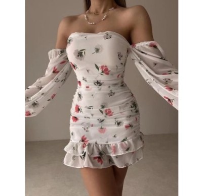 One-word Shoulder Long Sleeve Slim Backless Floral Dress NSYXB132478