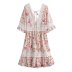 V-neck stitching short sleeve backless lace-up floral lace edge dress NSYXB132542