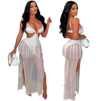 Suspender Fringed Backless Wrap Chest Slit Solid Color See-through Dress NSCYF132554