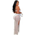suspender fringed backless wrap chest slit solid color see-through dress NSCYF132554