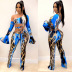 trumpet sleeve off-shoulder tight high waist lace-up leopard print top and trousers set NSFH132560
